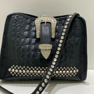 RAVIANI Western Black Croc Embossed, Crystal Studded Shoulder Bag